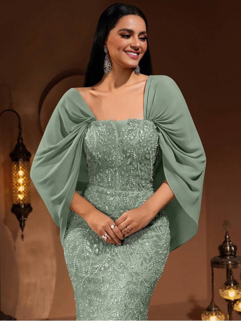 Sage Green Sequin Evening Dress with Draped Cape